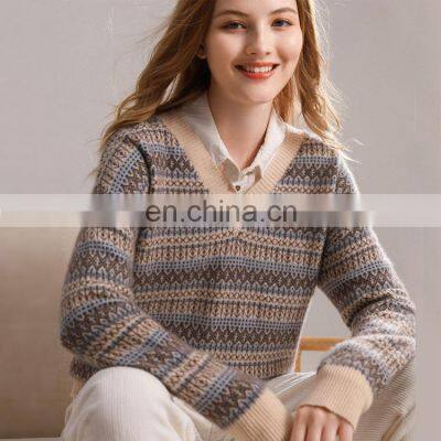 Women Casual V Neck Custom Design Printed Jacquard Cashmere Sweater photo-3