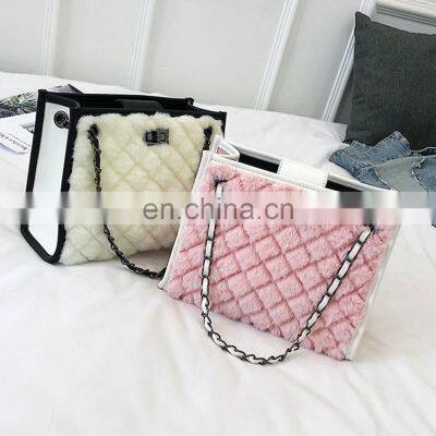 Women Plush Handbag Shopping Bags Large Capacity Tote Diamond Lattice Winter Faux Fur Chain Bag New Contrast Color Crossbody Bag