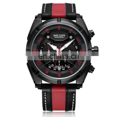 MEGIR 2076 Men'S Fashion Casual Quartz Movement Auto Date Leather Band Analog Watch Band Leather