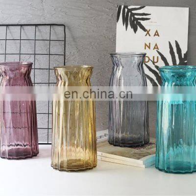New Design Wholesale Nordic Stripe Modern Wedding Home Decor Decorative Tabletop Creative Round Clear Grey Glass Pot Flower Vase