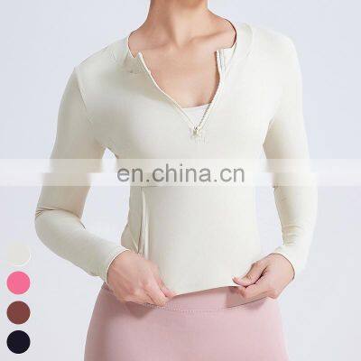 Sexy Breathable Slim Running Clothing Workout Wear Custom Sports Shirt Gym Fitness Top Half Zip Neckline Yoga T Shirt For Women photo-4