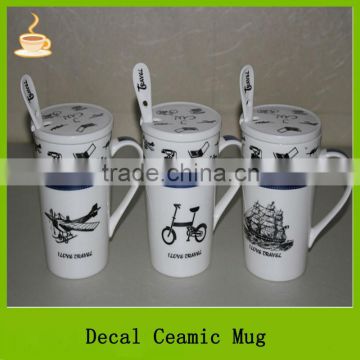 transport decal ceramic stoneware coffee mug with lid and spoon