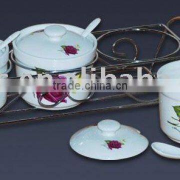 Factory outlet 3pcs ceramic condiment set with salt sugar bowl and spoon stainless stand