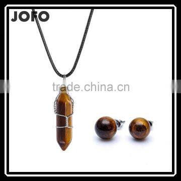 Big Promotion Tiger Eye Natural Stone Bullet Necklace Earrings Jewelry Set SMJ0168