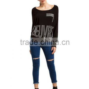 New Arrival Black Loose Style Batwing Sleeve Rhinestones Sweater photo-4