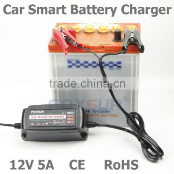 Foxsur Fully automatic power battery charger 12V 5A emergency engine start lead acid car battery charger with 100-240V AC input