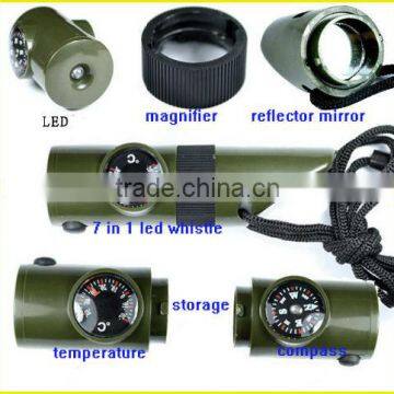 High quality 7 in 1 safty Whistle with Camping Survival Whistle Compass Thermometer LED Flashlight Fire Magnifier