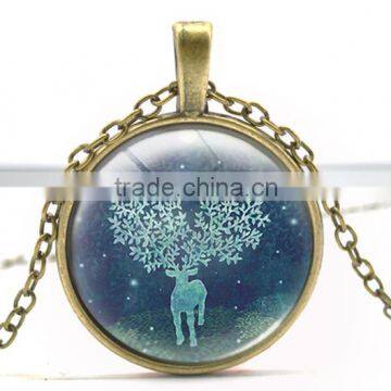 Tree Of Life Deer Geometric Glass Time Gemstone Pendant Christmas Crystal Chain Necklace