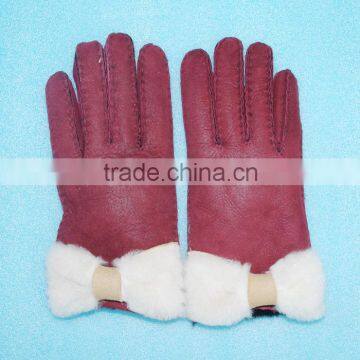 Ladie`s real lamb leather gloves with bow of contract color ,KZ140035