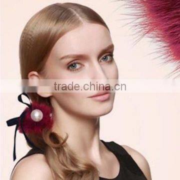 Fashion Handmade Mink Fur Elastic Hair Rope with Silk Ribbons and Pearl Balls for Elegant Women Hair Rope with Real Fur