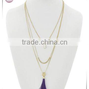 Matte Gold Tone Purple Thread Clear GlassMetal Layer Tassel Pendant Necklace