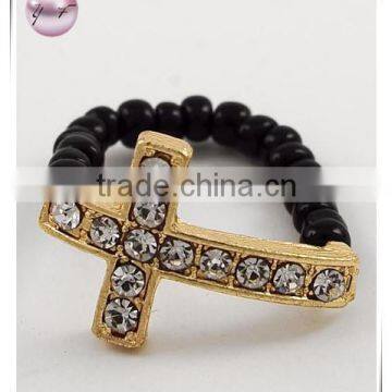 Gold Tone / Black Seed Beads & Clear Rhinestone / Cross Stretch Ring