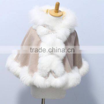 wholesale genuine cashmere cape with fox fur hood trim CC03