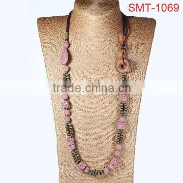 New fashion pink round natural lava rock wooden beads charm necklace