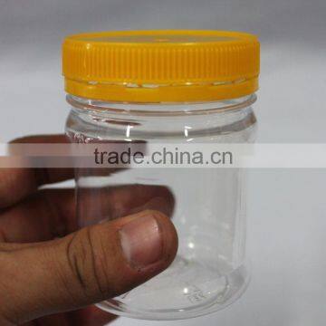 220ml small clear plastic jar with yellow screw top lids. International shipping!