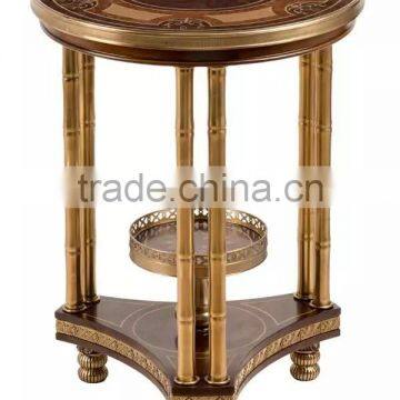 Vintage Natural Wood Carved Coffee Table With Brass Pedestal Handmade Marquetry Round Side Table Castle Living Room Furniture photo-3