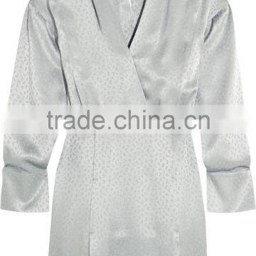 Latest Metallic Gray-green Long Sleeve Wrap Effect Silk-Jacquard Mini Dress Design Pictures Names Of Ladies Dresses HSD5932 photo-5