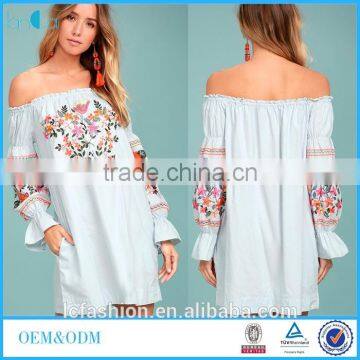 Summer Causal Dress Style Cotton Off Shoulder Light Blue Embroidered Boho Dress