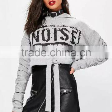 Grey Tie Hem Drawstring Cropped Hoodies Logo Print New Design Fashion Ruched Sleeve Hoodie For Women photo-4