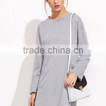 Grey Drop Shoulder Tee Dress With Pockets Cotton Spandex Long Sleeve Casual Plain Sweatshirt Tee Dress photo-2