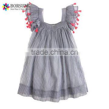 Boutique Girls Clothing 100% Cotton Girls Special Osscasion Flower Dress Grey Strips Ruffle Birthday Party Dresses