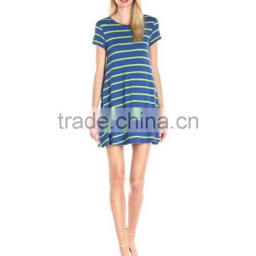 bulk wholesale 2016 latest Women's stylish Short Sleeve Striped Scoop Neck Swing Dress made in China