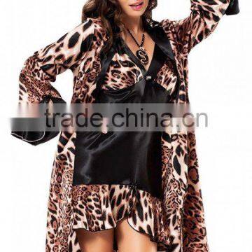 Lingerie Babydoll Satin Sleepwear Set With Wild Leopard Print With Black & Long Sleeves Matching Robe photo-2