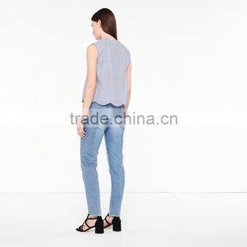 Striped Cotton Top With Wave Cut V-neck and Hem Sleeveless Shirt Tank Tops photo-3