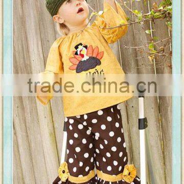 Gobble Boutique Thanksgiving Peasant Top and Ruffle Pants Gobble Turkey Appliqued Yellow Shirt Polka Dot Ruffle Pants Outfit Set