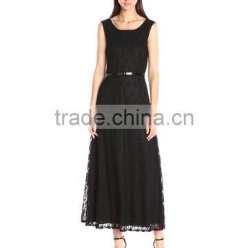 Women's Sleeveless Lace Skater Maxi Dress With Belt photo-4