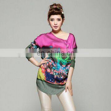 asymmetric neck close front stitching fashion ladies colorful printed blouse