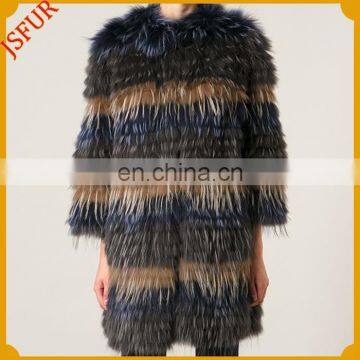 Cross striped mixed color real raccoon fur made fur coat 2015 women genuine raccoon fur overcoat