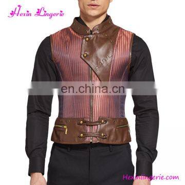 Fashionable Brown 8 Steel Boned Mens Zipper Two Pockets Locking Corset Wholesale