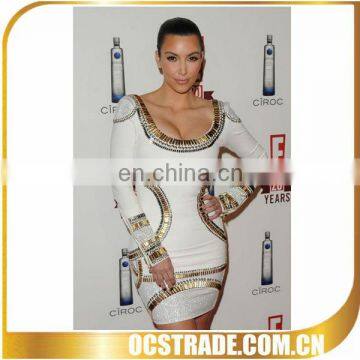 2014 women white/black beaded gold long sleeve bandage dress