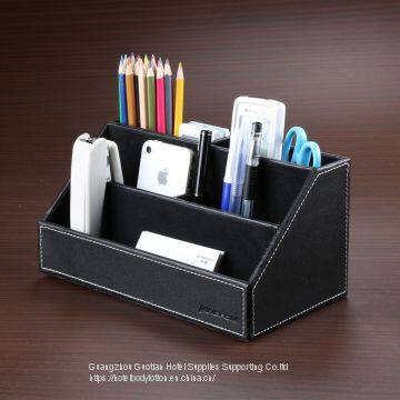 Home Office Wooden Struction Leather Multi-function Desk Stationery Organizer Storage Box, Pen/Pencil,Cell Phone, Business Name Cards, Note Paper, Remote Control Holder (black) photo-5