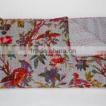 Tropical Bird King Size Quilt Handstiched Old Vintage Kantha Quilt Indian Throw Ralli GUDARI