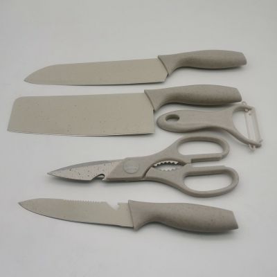 5 pcs cream wheat straw kitchen knife set with box package