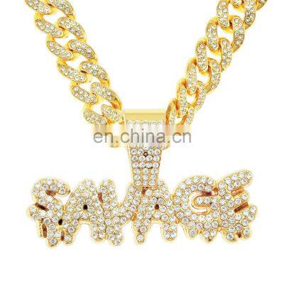 Hiphop Jewelry 2021  Micro Pave CZ Zircon Stone Pendent Iced Out Diamond Rap Charm Braided Steel Chain SAVAGE Letter Necklace