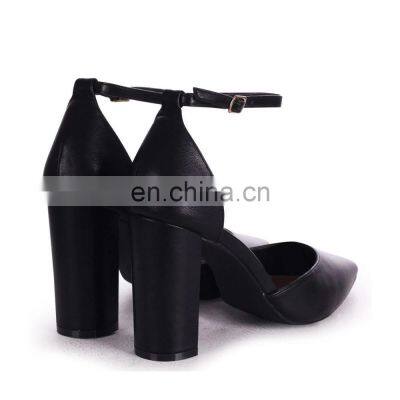 Women New Stylish Ankle Strap Design High Heels Black Nappa Court Shoes Ladies Block Heel Sandals photo-2