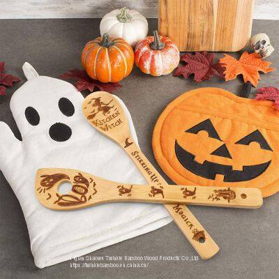 Halloween Holiday Christmas Kitchen Cooking Twinkle Bamboo Wood Utensil Set Burn photo-2
