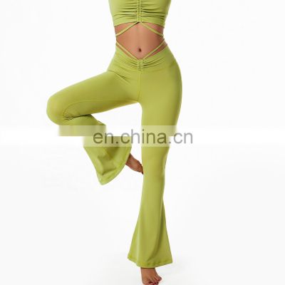 Wholesale Yoga Adjustable Fold Waist Flare Pants Butt Lift Workout Sports Leggings