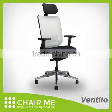 Ventilo office chair, white mesh chair, adjustable headrest, black bracket, adjustable seat, armrest, lumbar, aluminum base