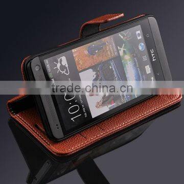 Fashionable Phone Accessory of High Quality PU Leather Stand Card Holders Inside Hand Made Cell Phone Case Bag for HTC One M7