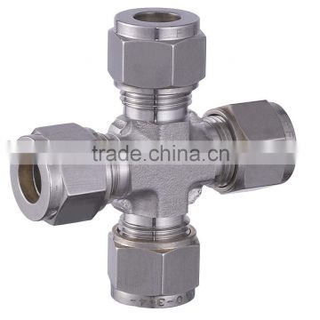 Cross, double ferrule tube fittings