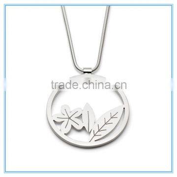 Round Stainless Steel Leaf And Flower Pendant Necklace