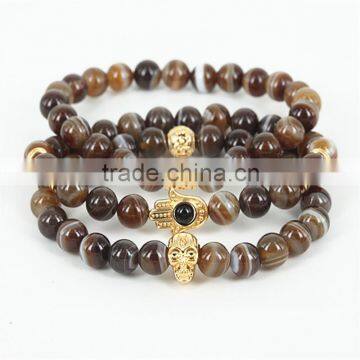 KJL-0009Hign Quality Brown Gem Bead Bracelets Natural Stone Skull Head Bracelet Elastic Rope Men Women Agate Hamsa Hand Bracelet