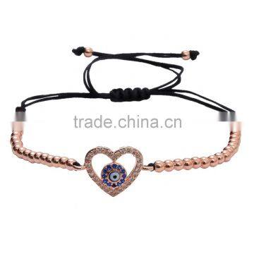 Fashion Heart Evil Eye with Round Cubic Zirconia Paved Copper Bracelet Adjustable Charm Beads Bracelets