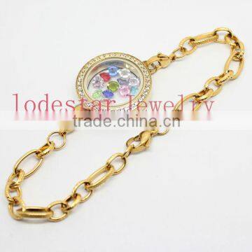 Hot-seller gold plated jewellery bracelet stainless steel glass memory floating bracelet jewelry