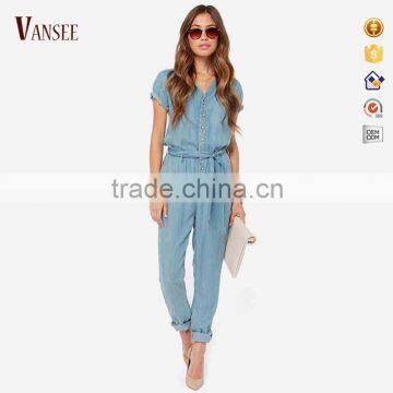 Women Sky Blue Belted Short Sleeve Slim Fit Jumpsuit Romper