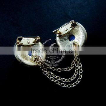 Vintage Bronze Round Engraved Victorian Blue Cabochon Chain Fashion Collar Brooch Jewelry 6520002 photo-4